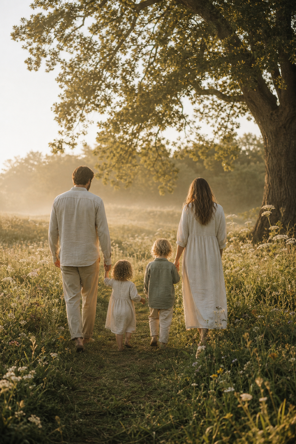 A young family walking through a sunlit wildflower meadow beneath an oak tree