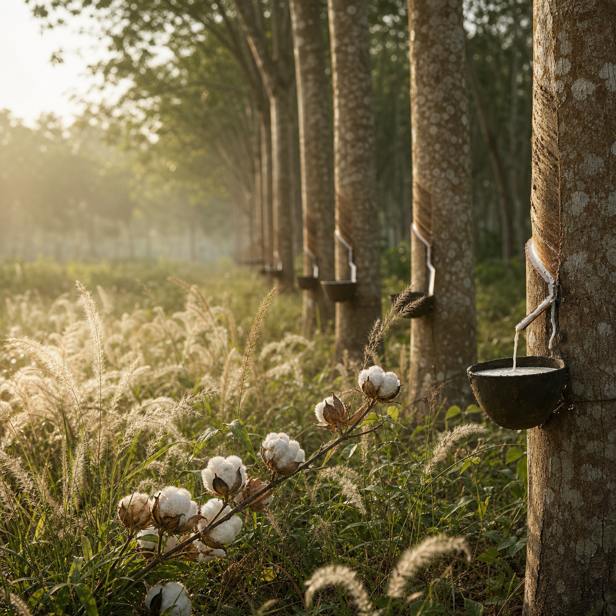 Rubber trees, cotton and meadow grasses in warm morning light