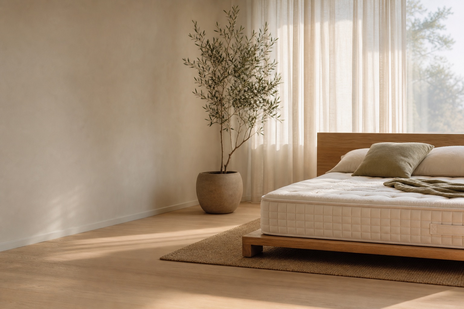 A Huxberry mattress in a light, natural bedroom